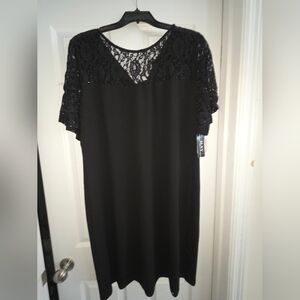 NWT SLNY Black Sheath Dress with Sequin Lace Yoke and Sleeves
